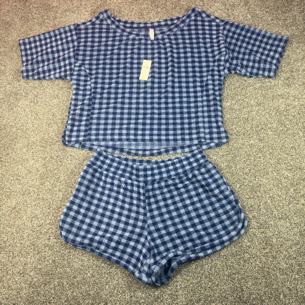 Daily Practice by Anthropologie Blue Gingham Terry Lounge Set Top Shorts Small
